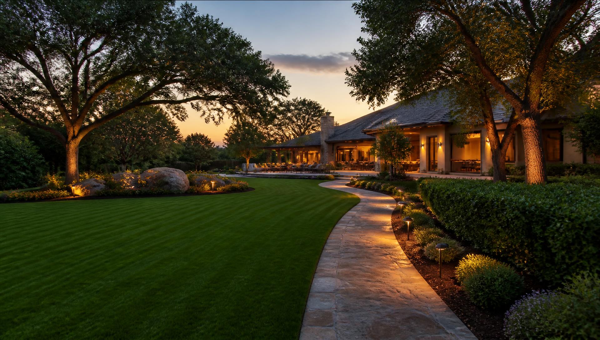 Luxury Middletown Delaware landscape at dusk with striped lawn, stone walkway and landscape lighting